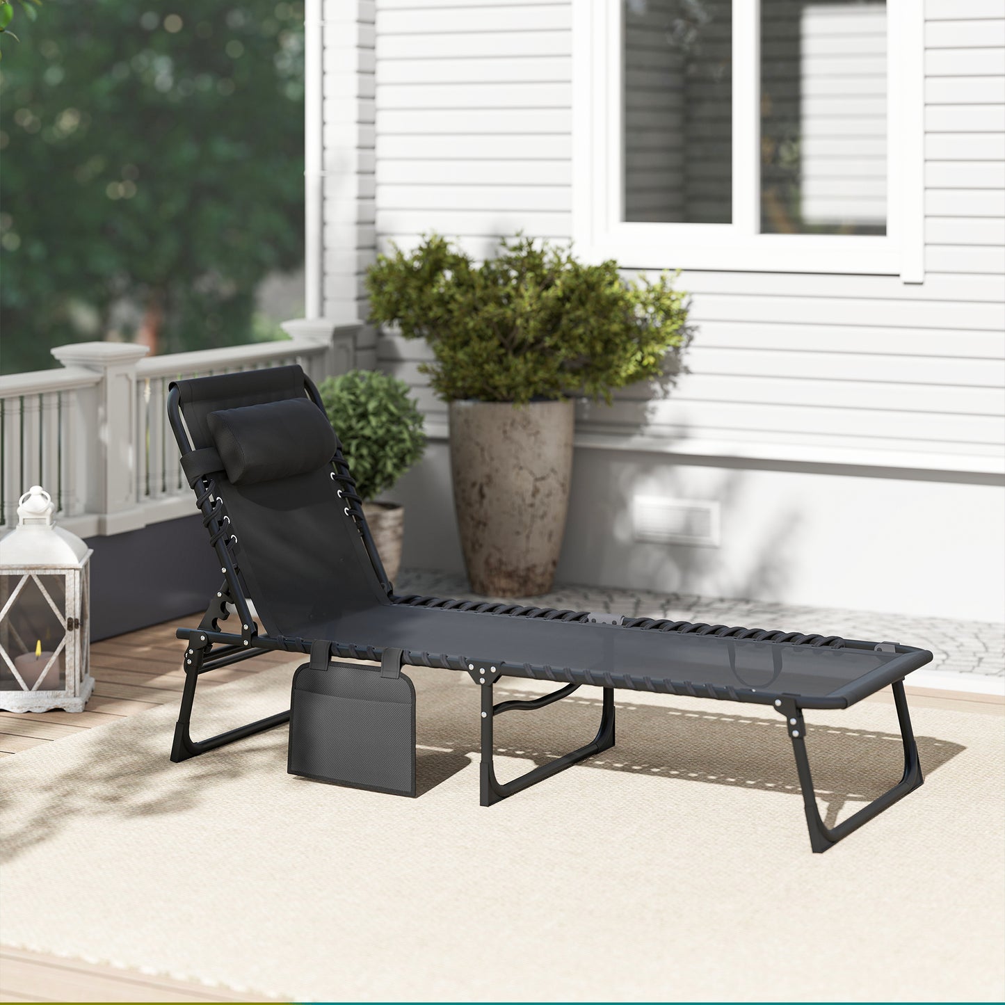 Outsunny Tumbona Plegable Respaldo Ajustable Y Reposacabezas 189x58x30 Cm Negro_4