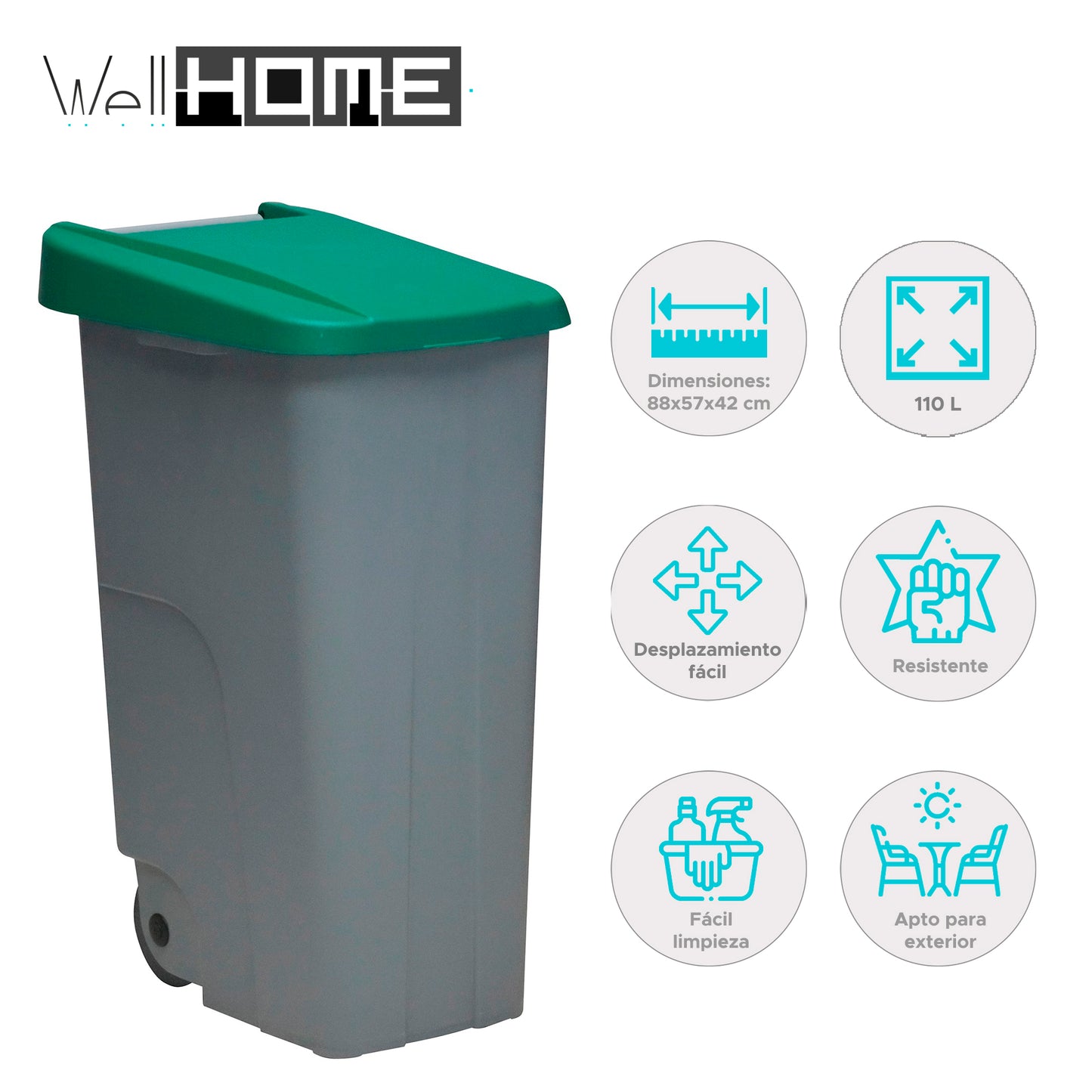 Contenedor Reciclo 110l Verde Cerrado 88x57x42 Cm Wellhome_1