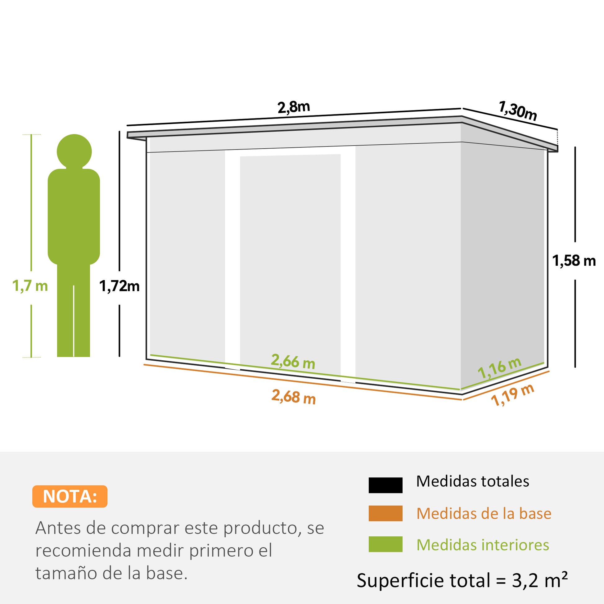 Outsunny Cobertizo De Jardín 280x130x172 Cm Base De 3,2 M² Con 2 Puertas Verde_2
