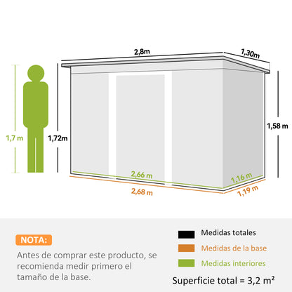 Outsunny Cobertizo De Jardín 280x130x172 Cm Base De 3,2 M² Con 2 Puertas Verde_2