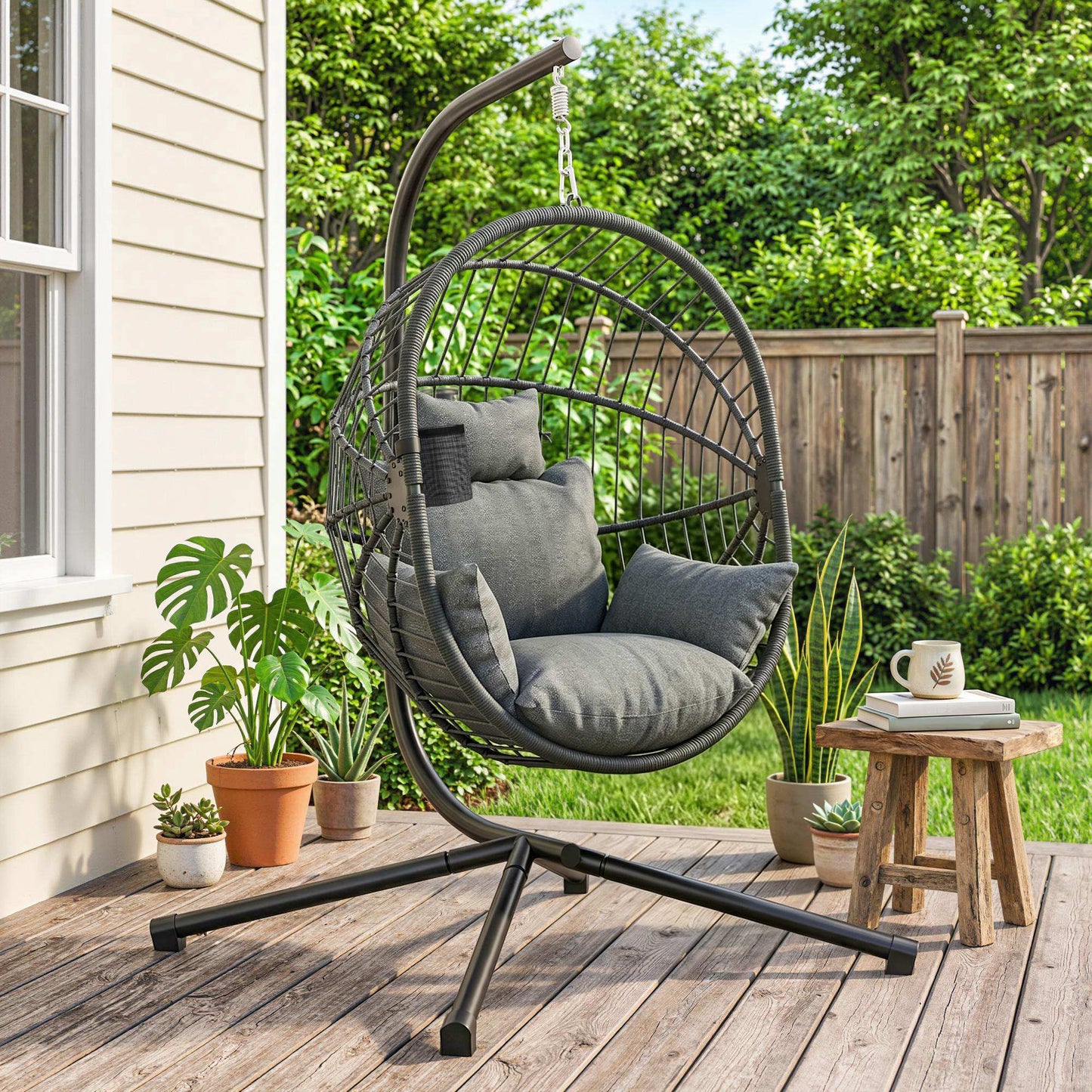 Outsunny Silla Colgante Huevo Con Soporte Cesta Plegable Carga 120 Kg Gris_1