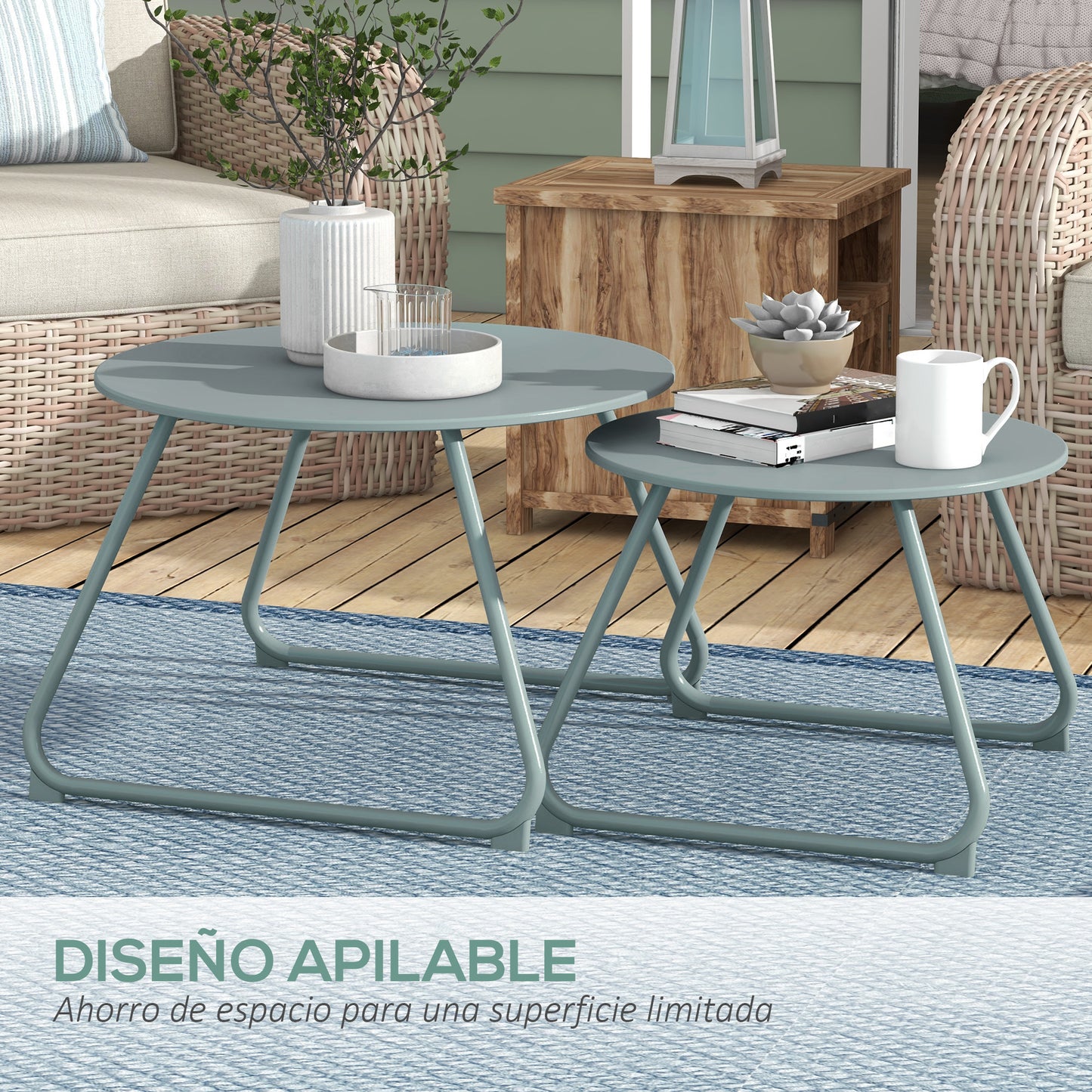 Outsunny Juego De 2 Mesas De Jardín Apilables Con Estructura De Metal Azul_3