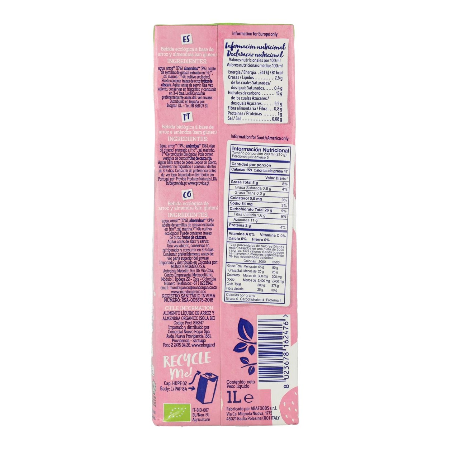 Pack 6 uds Bebida de Arroz y Almendras Bio Isola BIO 1 L