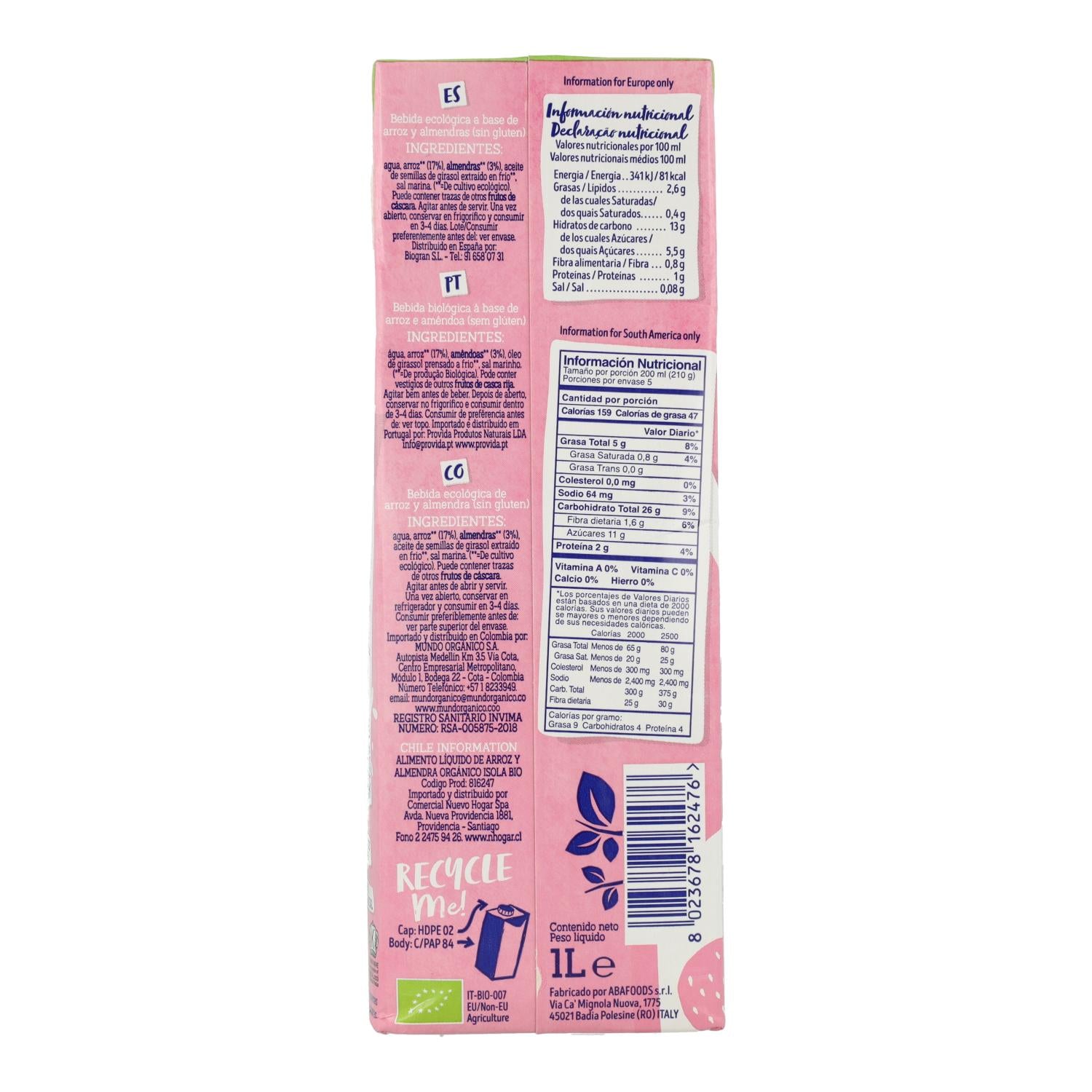 Pack 6 uds Bebida de Arroz y Almendras Bio Isola BIO 1 L