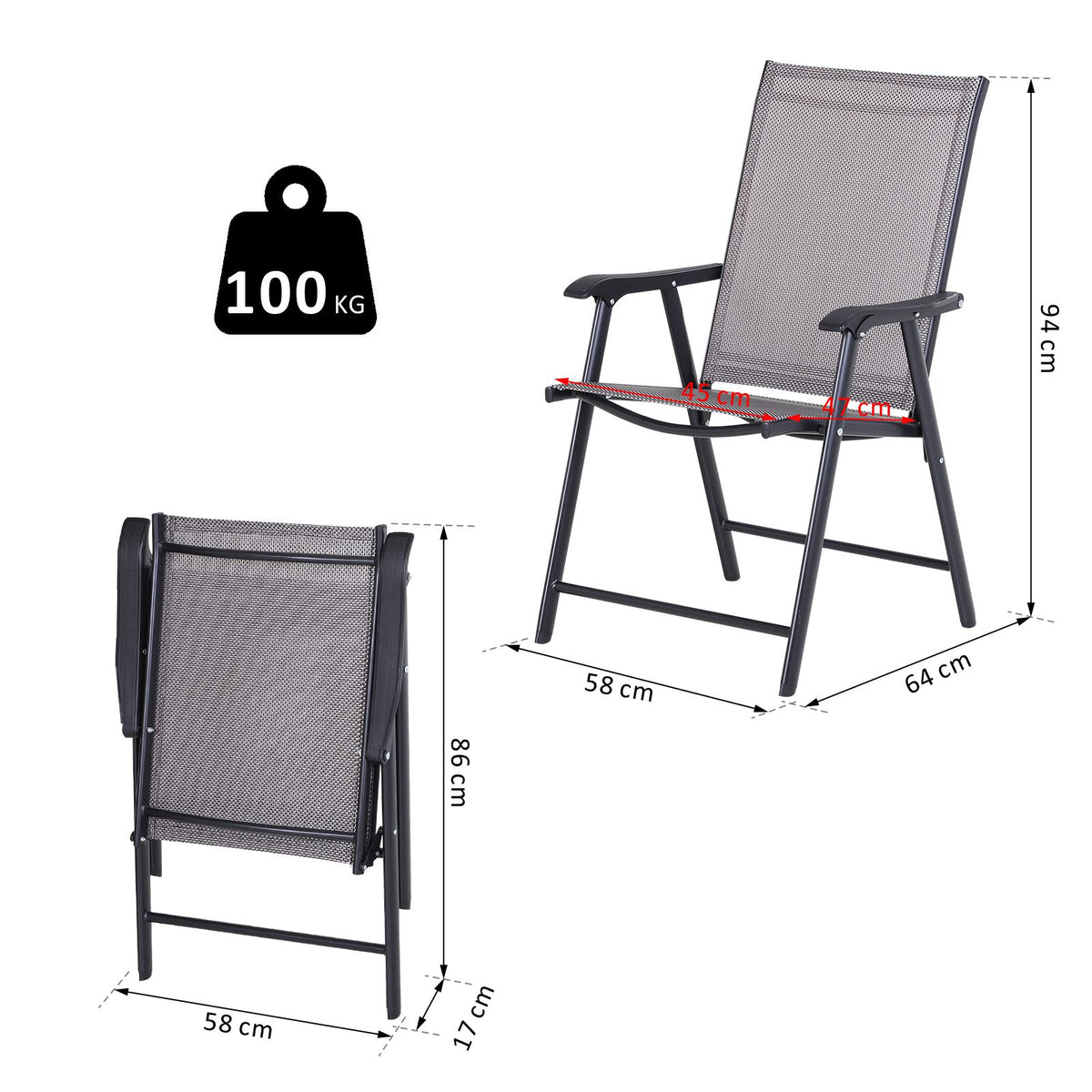 Conjunto De 2 Sillas Plegables Outsunny Acero, Texteline Gris Y Negro 58x64x94 Cm_2