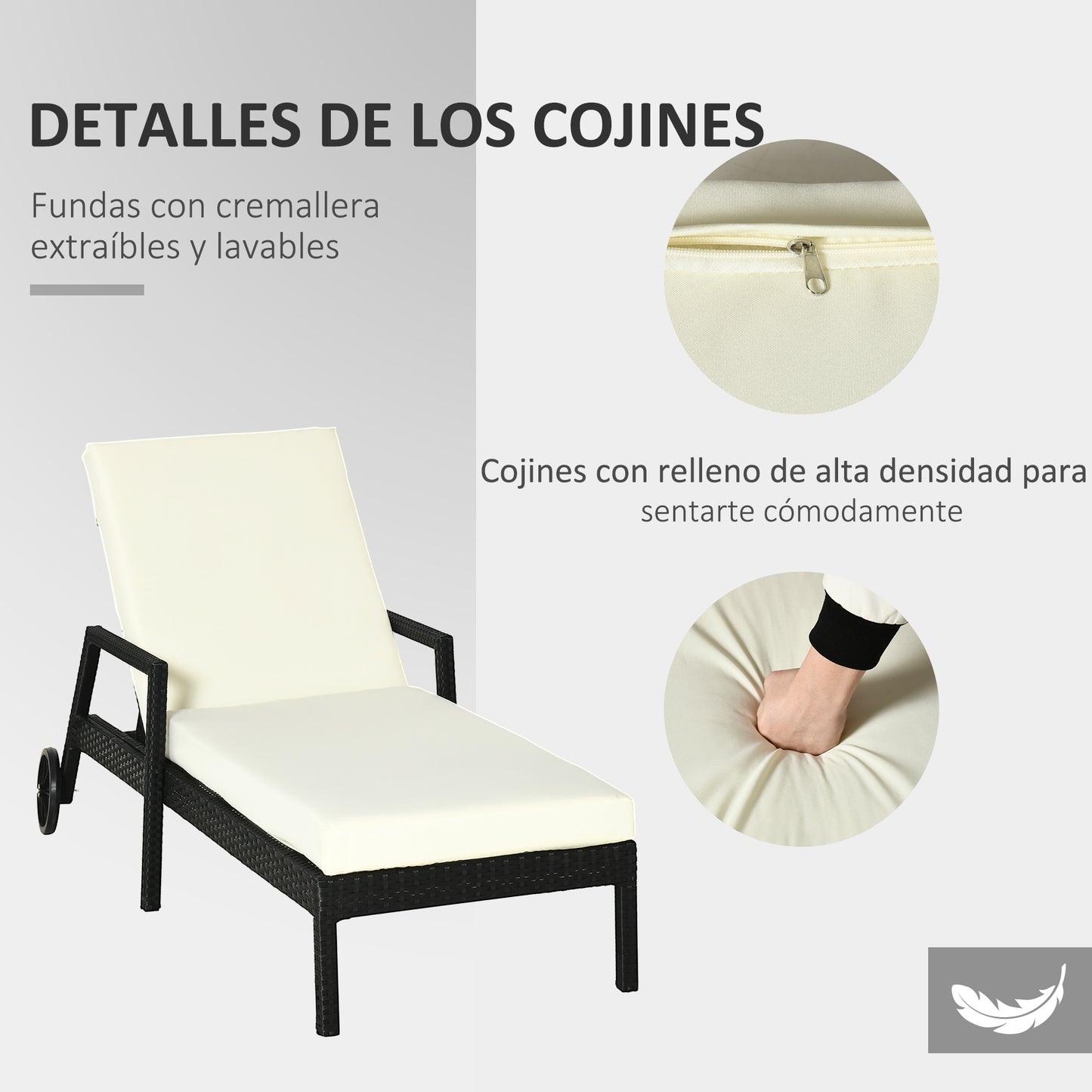 Outsunny Tumbona De Ratán Jardín Con Cojines Respaldo Ajustable Y 2 Ruedas Negro_5