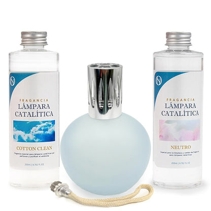 Pack Lámpara Catalítica Azul Grisáceo Mate + Fragancia Cotton Clean 200ml + Limpiador Neutro 200ml + Mecha Repuesto_0