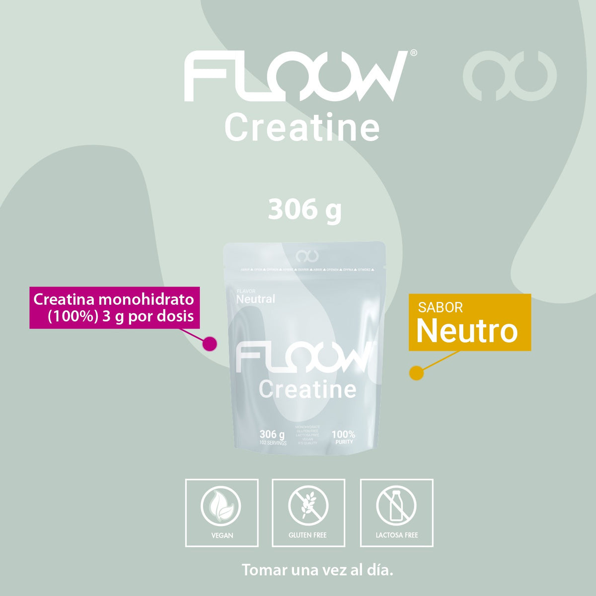 Creatina Monohidratada Sin Sabor (neutra) Pack 2 X 306 G - 612 G (180 Dosis) Floow Creatine En Polvo Pura Sin Azúcar_1