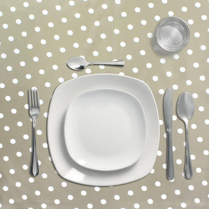 Mantel Hule Rectangular Topos Beige Impermeable Antimanchas Pvc 140x250 Cm.  Recortable Uso Interior Y Exterior