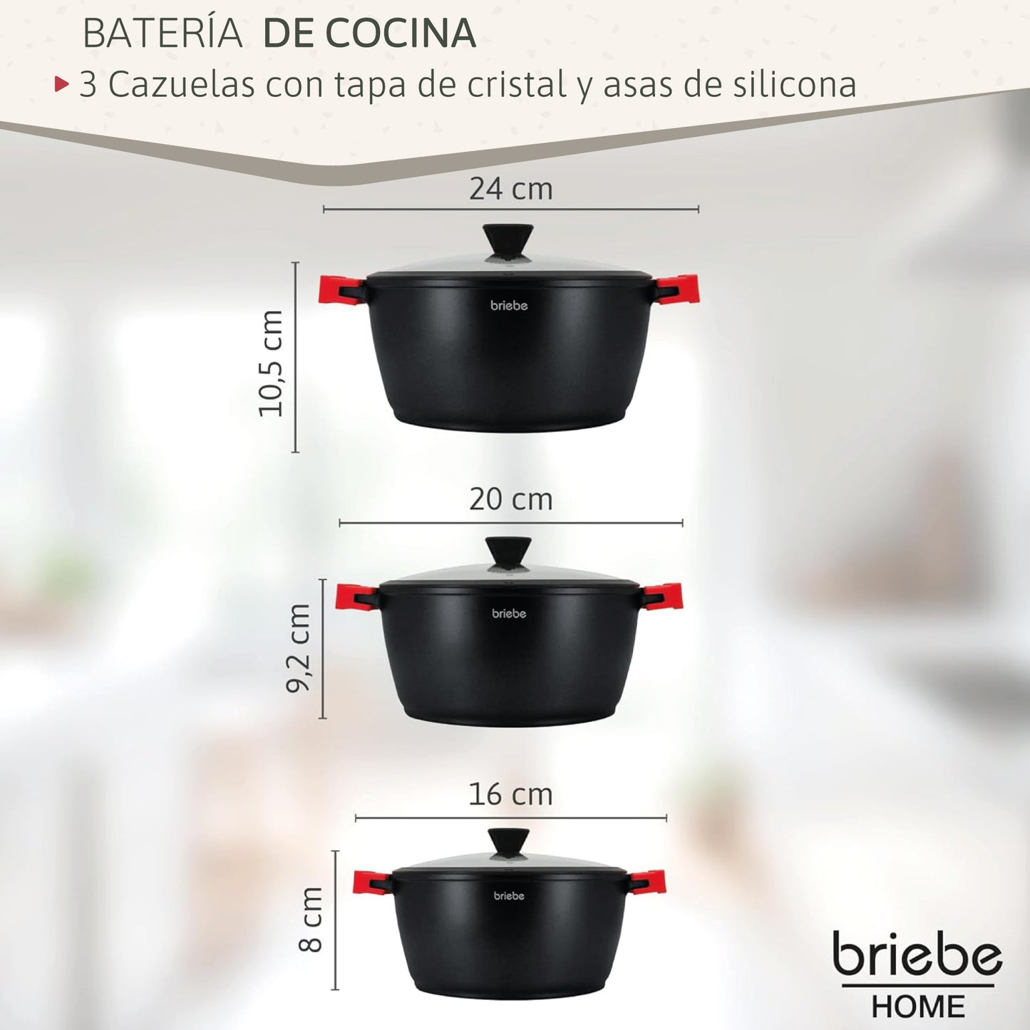 Briebe Batería Cocina Inducción Antiadherente Titanio, 6 Piezas Aluminio Fundido 3 Ollas Sin Pfoa Tapa, Blackt3, Negro_2