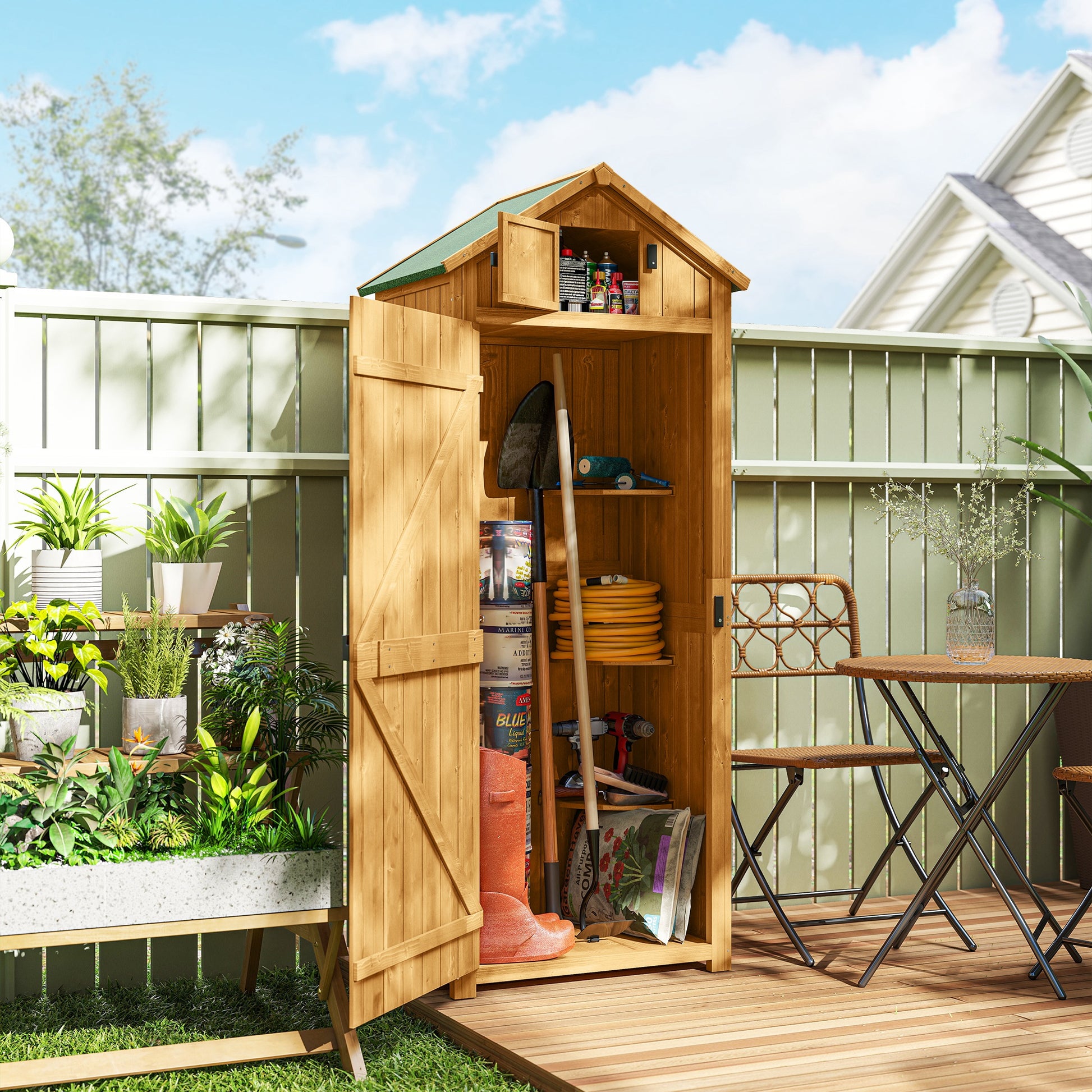 Outsunny Armario De Jardín De Madera Con 3 Estantes 0,3 M² 77x54,2x179cm Natural_1