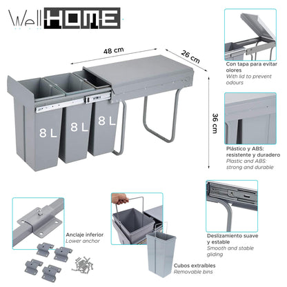 Cubo De Reciclaje 3x8l Bajo Fregadero, Extracción Manual Y Tapa