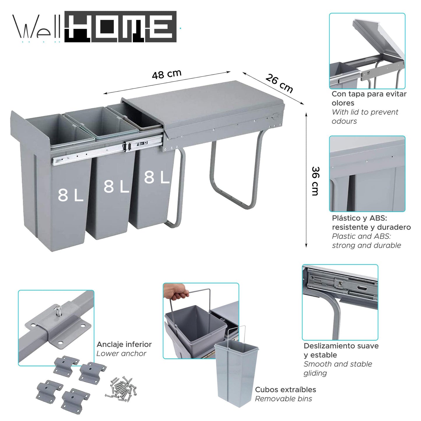 Cubo De Reciclaje 3x8l Bajo Fregadero, Extracción Manual Y Tapa_1
