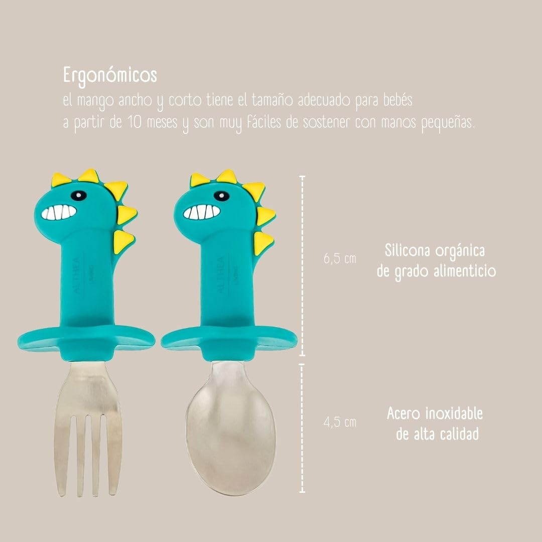 Juego De Cubiertos Ergonómicos Para Bebé Con Forma De Dinosaurio · Set 2 Piezas Althea Living Verde_2