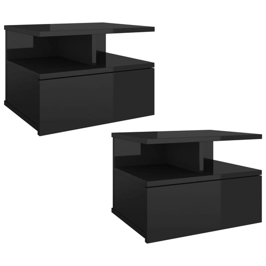 Mesita De Noche Flotante 2 Uds Madera Negro Brillo 40x31x27 Cm_0
