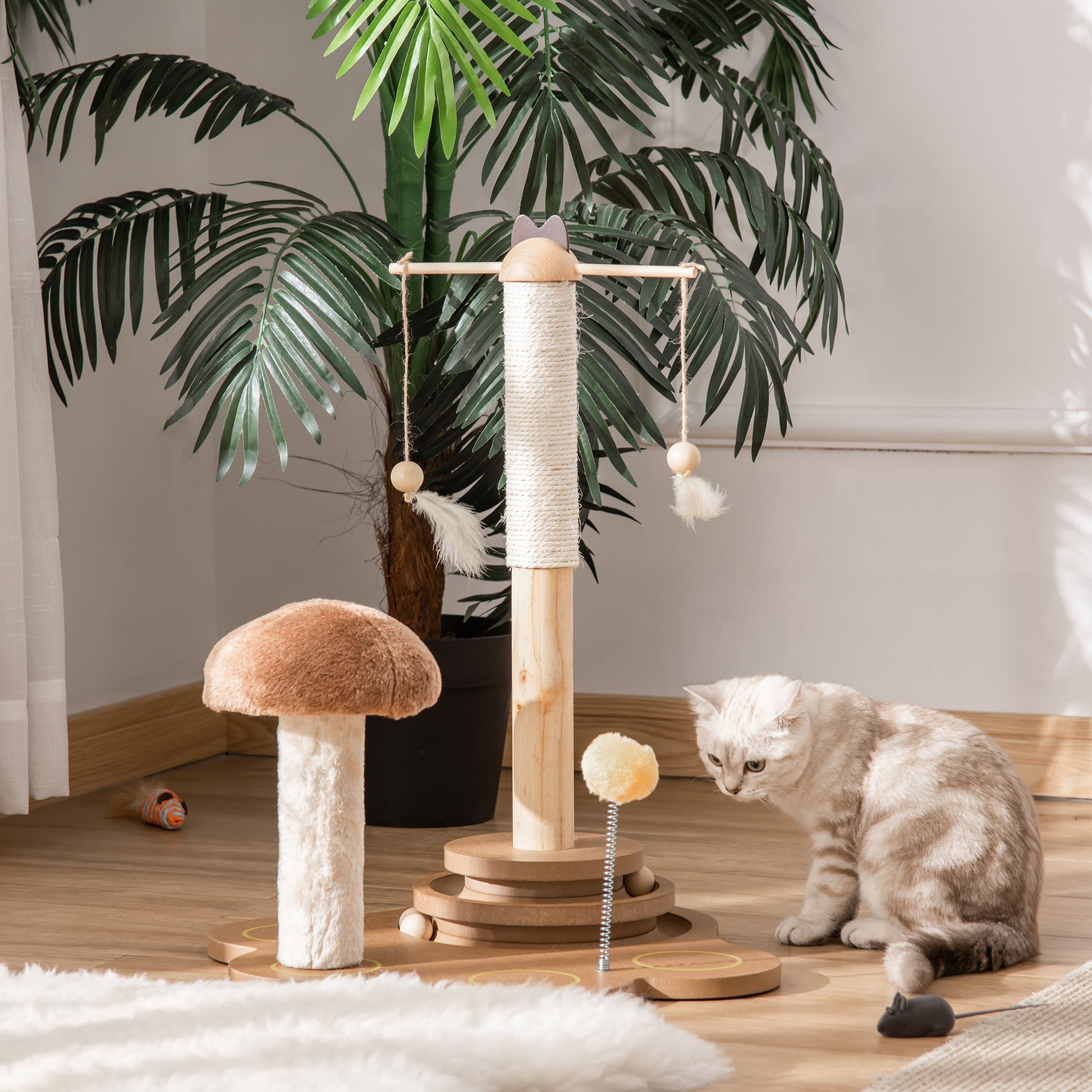 Pawhut Rascador Para Gatos De Sisal Con Seta Juego Con Muelle Y Base De Madera_1