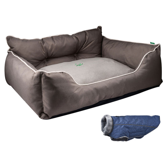 Cama Para Mascota 90x70x28cm Marrón + Abrigo Azul Para Mascotas 40cm_0
