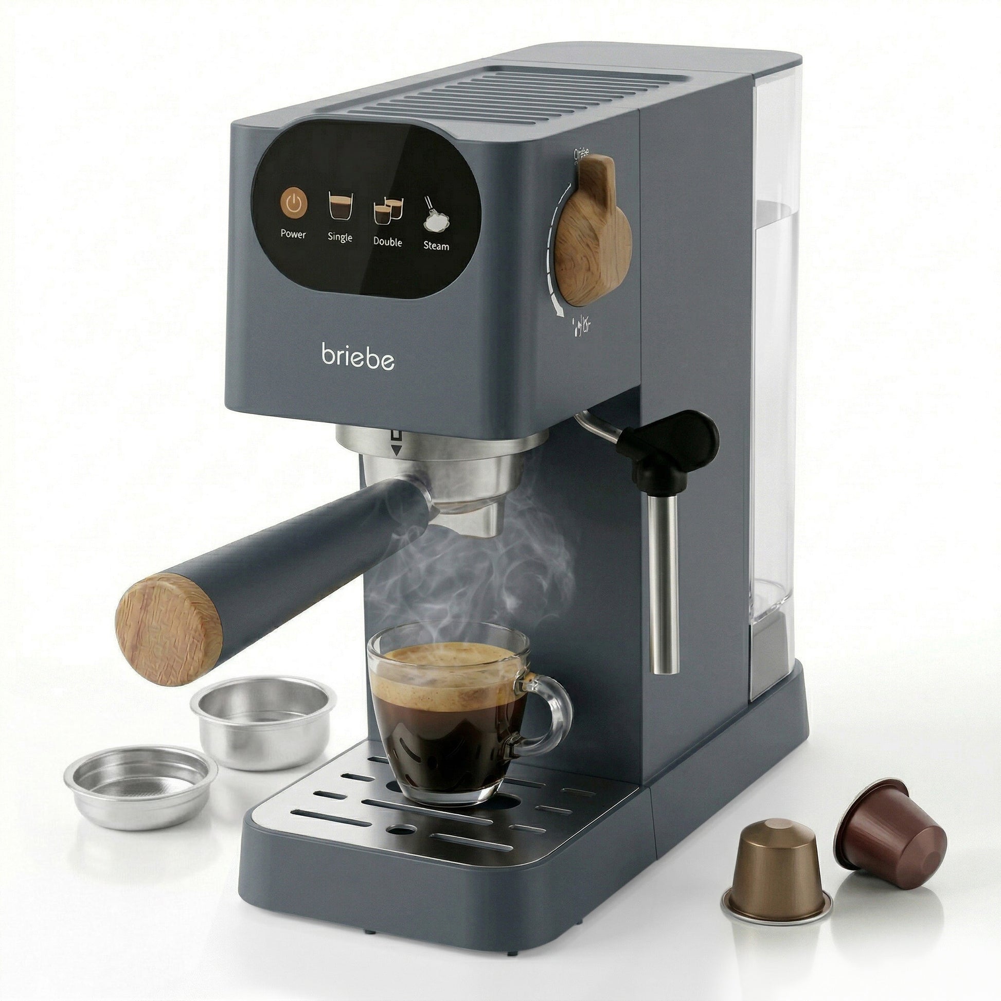Briebe Nordic Cafetera Espresso 20 Bares Compatible Cápsulas Nespresso Y Café Molido Espumador Leche, Ec1180gry, Gris_0