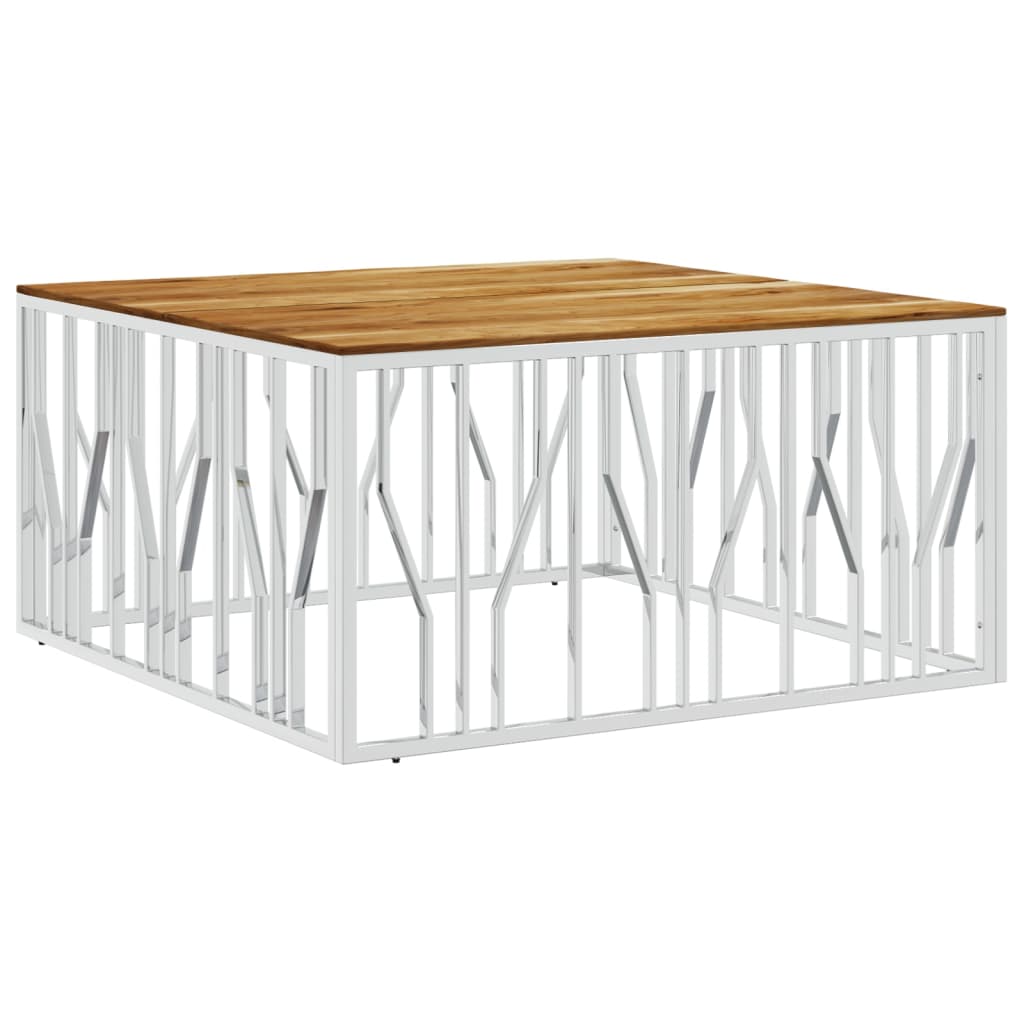 Mesa De Centro Acero Inoxidable Y Madera Maciza Acacia Plateado_0