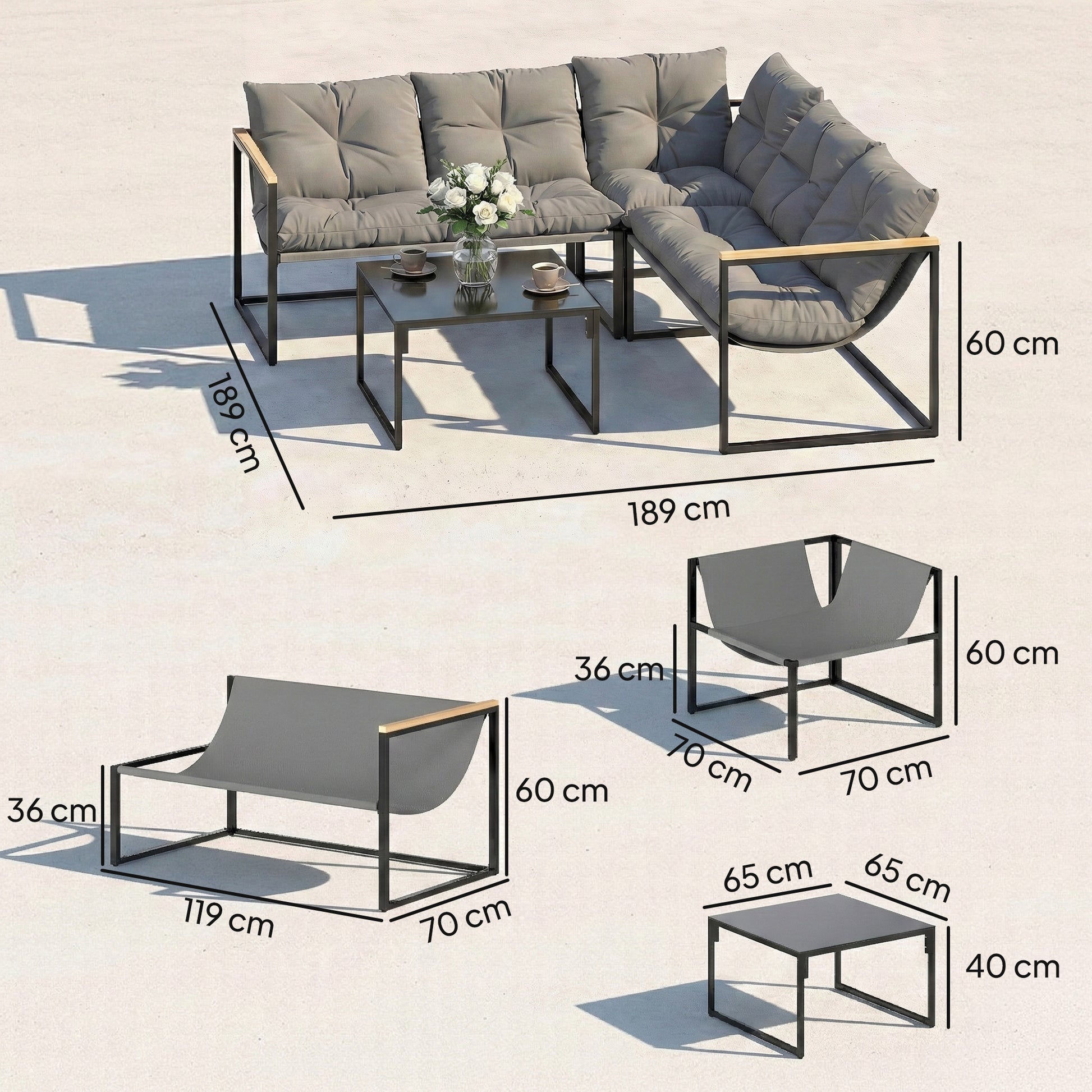 Outsunny Conjunto De Jardín Exterior De 4 Piezas En Forma De L Con Cojines Gris_2