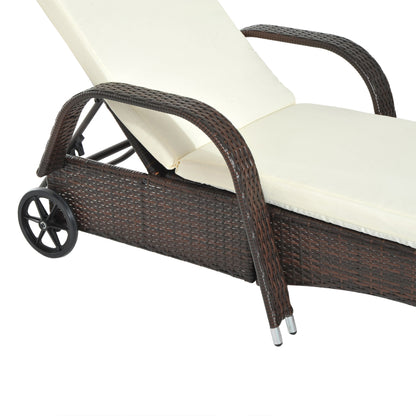 Outsunny Tumbona De Ratán Jardín Con Respaldo Ajustable Cojines 2 Ruedas Marrón_4