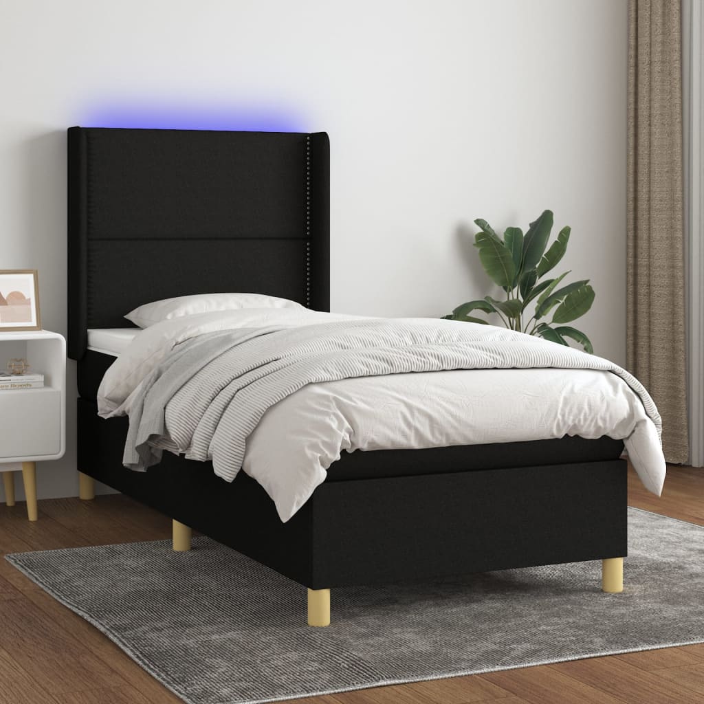 Cama Box Spring Colchón Y Luces Led Tela Negro 80x200 Cm / Vetonek_4