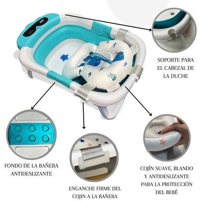 Bathby Bañera Plegable Para Bebés Recién Nacidos, Cojín Dinosaurio, Termómetro, Patas Antideslizantes (azul Dinosaurio)