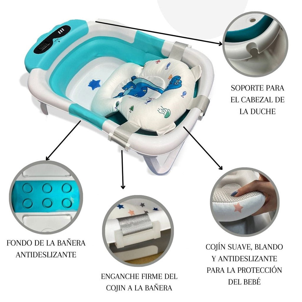 Bathby Bañera Plegable Para Bebés Recién Nacidos, Cojín Dinosaurio, Termómetro, Patas Antideslizantes (azul Dinosaurio)_4