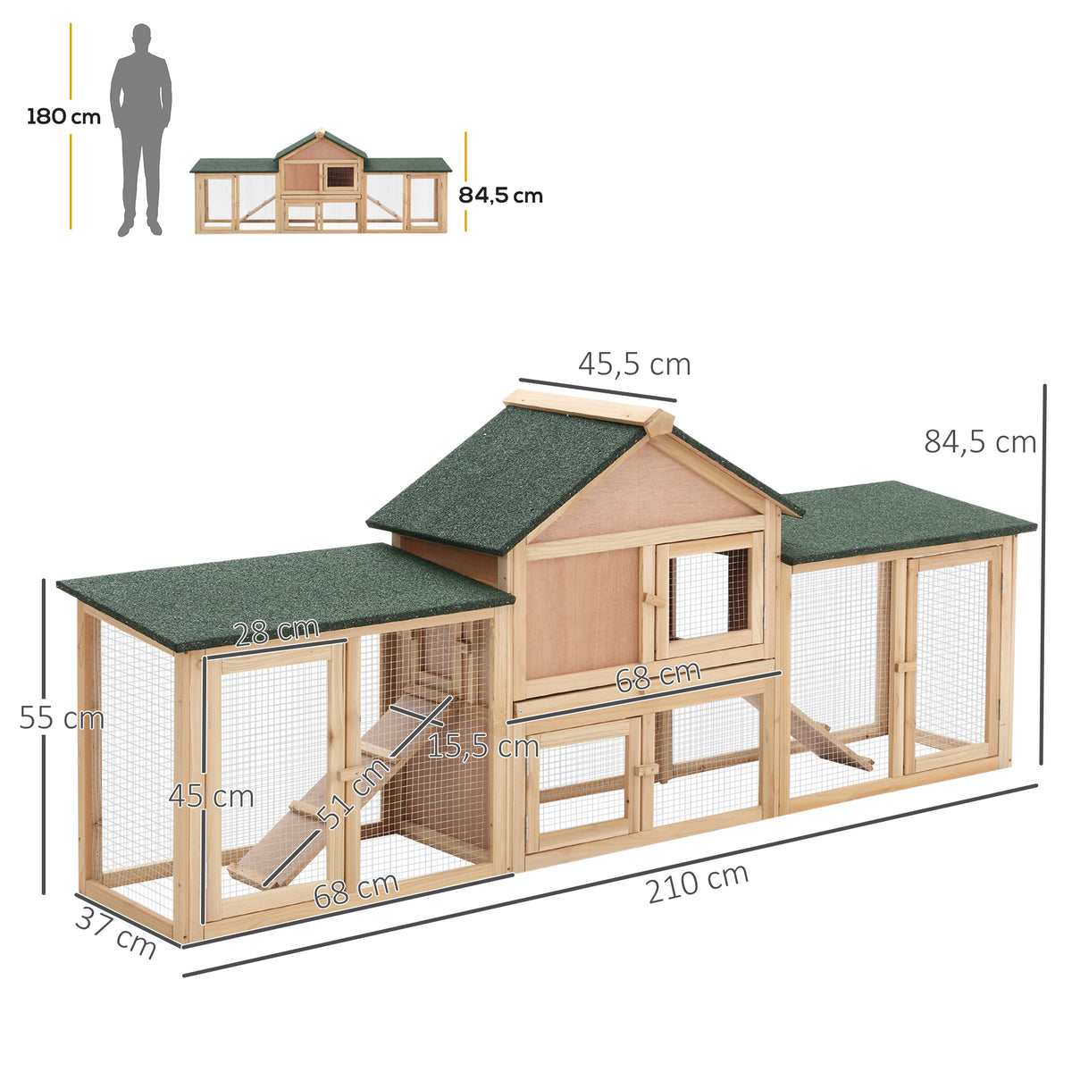 Conejera Exterior Madera 2-4 Conejos Pawhut 210x45,5x84,5 Cm Natural_2