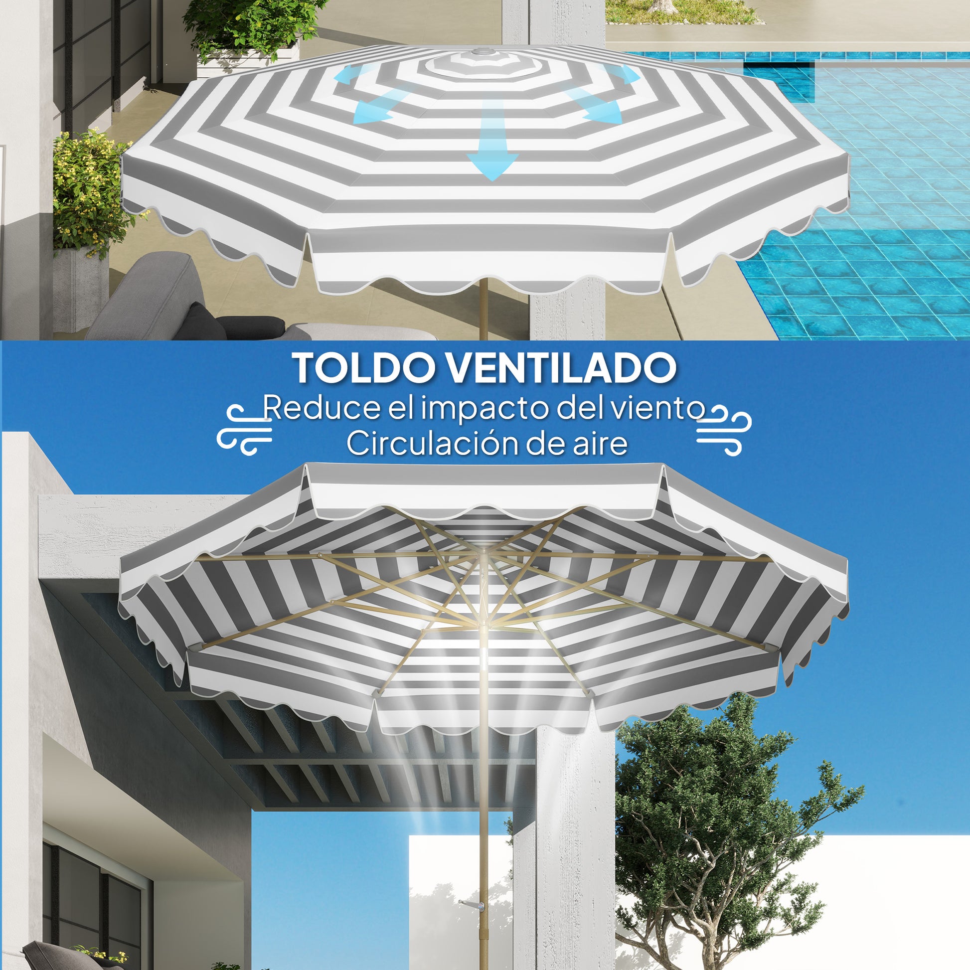 Outsunny Sombrilla Terraza Exterior Ø268 Cm Con Ángulo Inclinable Gris Y Blanco_5
