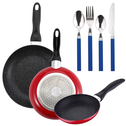 Pack De 3 Sartenes San Ignacio Ø16cm Ø20cm Ø24cm + Set De 24pc Cubertería En Acero Inoxidable Con Mangos De Color Azul_0