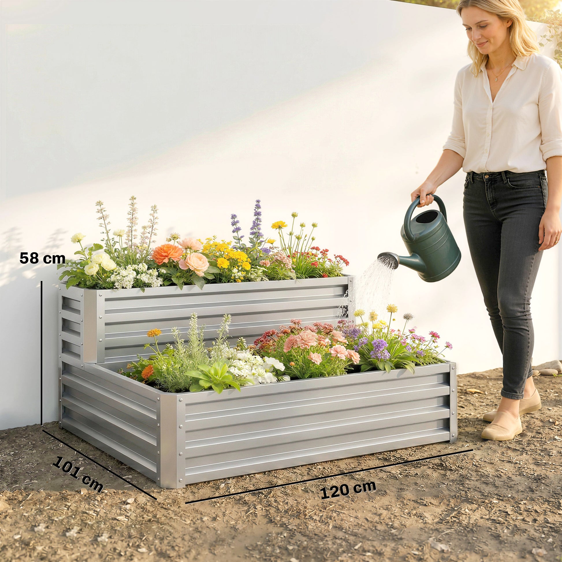 Outsunny Huerto Urbano De 2 Niveles Diseño De Escalera 120x101x58 Cm Plateado_2