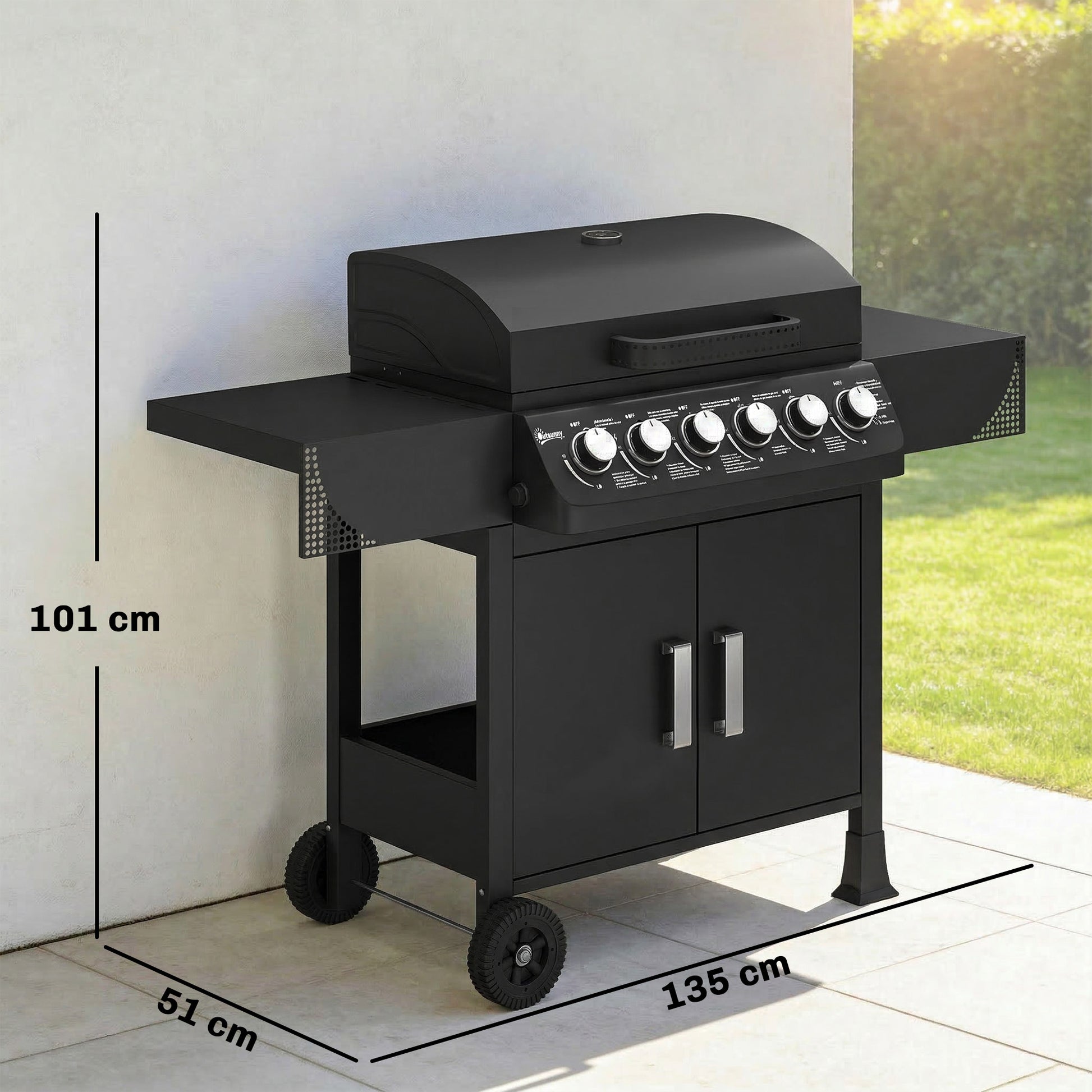 Outsunny Barbacoa De Gas Con 6 Quemadores 15 Kw Termómetro Y Mesas Laterales_2