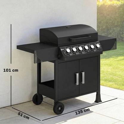 Outsunny Barbacoa De Gas Con 6 Quemadores 15 Kw Termómetro Y Mesas Laterales_2