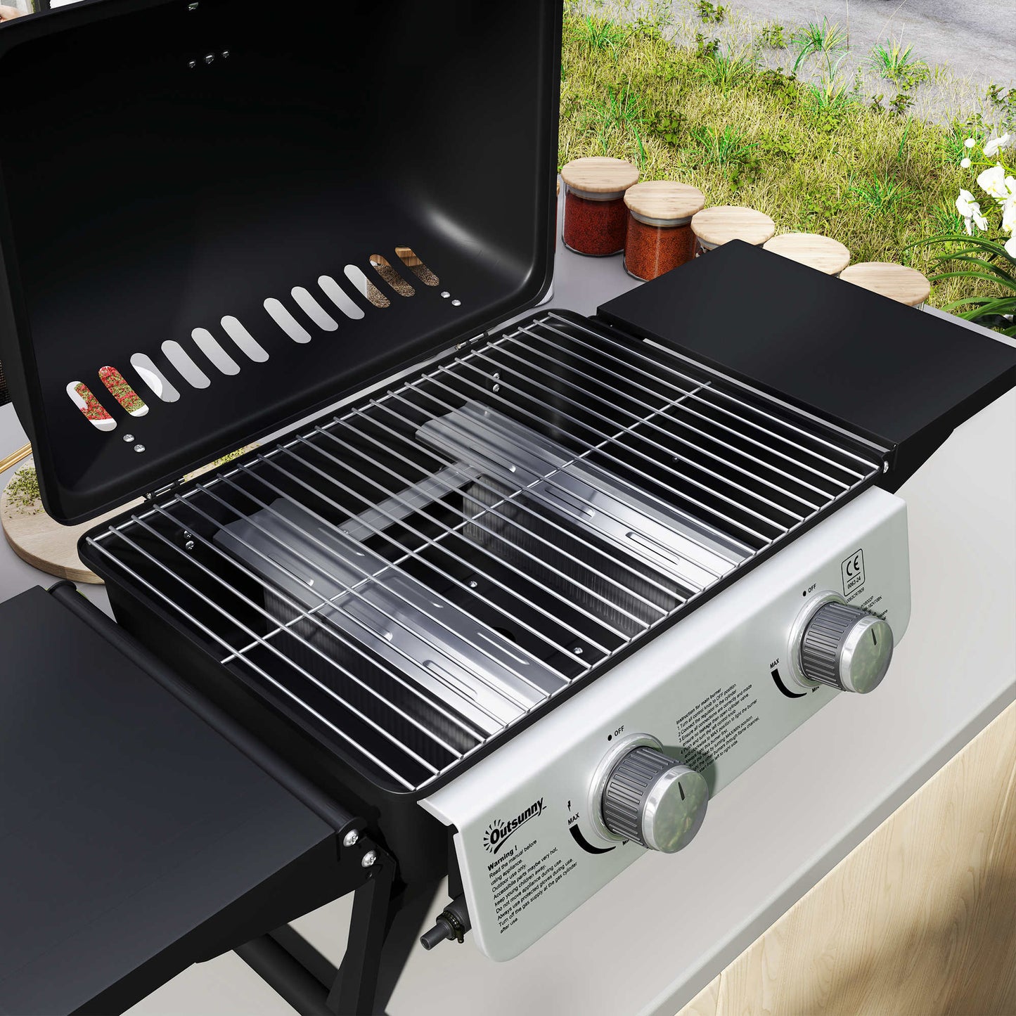 Outsunny Barbacoa De Gas Con 2 Quemadores De Acero Inoxidable 5,6 Kw Con Estantes_3
