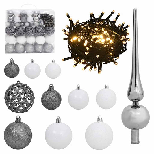 Vidaxl Set De Bolas De Navidad 120 Pzas Con Pico 300 Led Blanco Y Gris_0