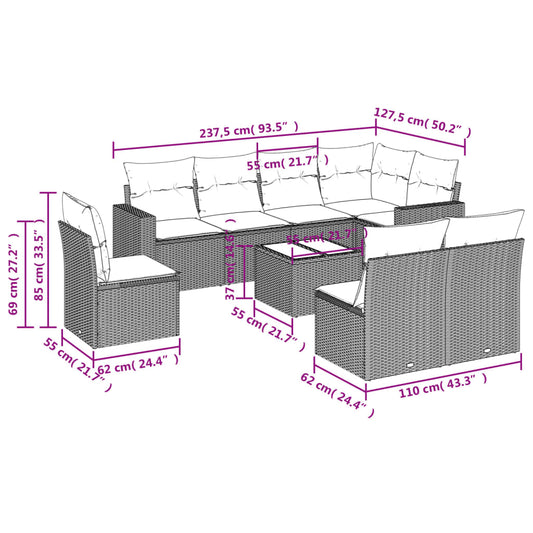 Set De Sofás De Jardín 9 Pzas Con Cojines Ratán Sintético Beige / Vetonek_0