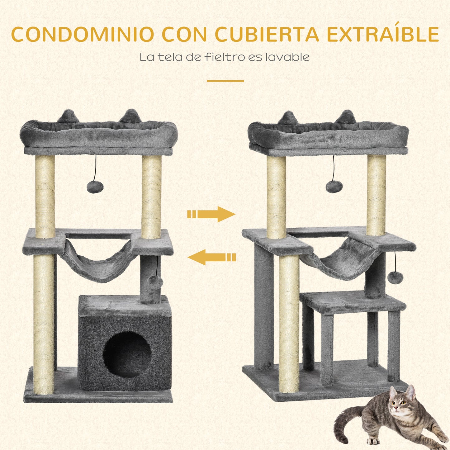 Pawhut Árbol Rascador Para Gatos Altura 90 Cm De 3 Niveles 48x48x90 Cm Gris_3