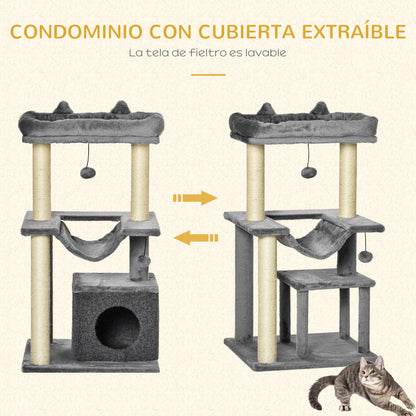 Pawhut Árbol Rascador Para Gatos Altura 90 Cm De 3 Niveles 48x48x90 Cm Gris_3