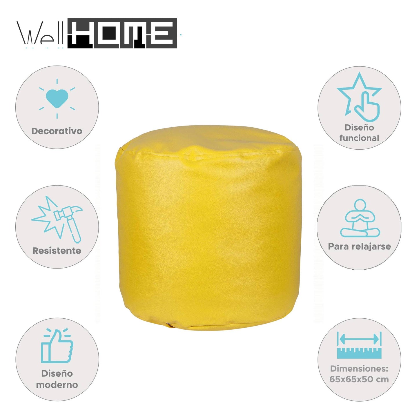 Well Home Puff Redondo Ø65x50cm Color Amarillo - Asiento Acolchado Y Cómodo_1