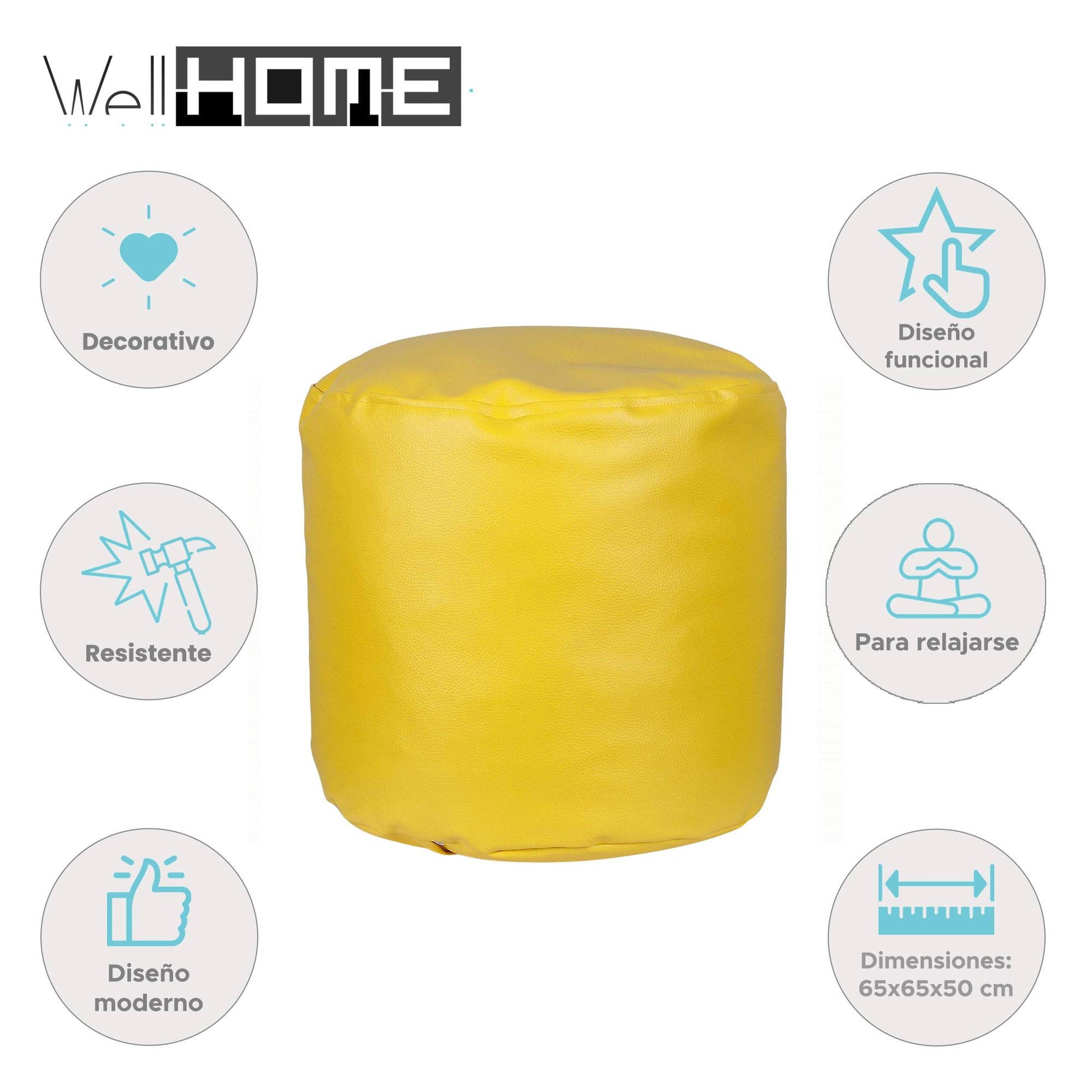 Well Home Puff Redondo Ø65x50cm Color Amarillo - Asiento Acolchado Y Cómodo_1