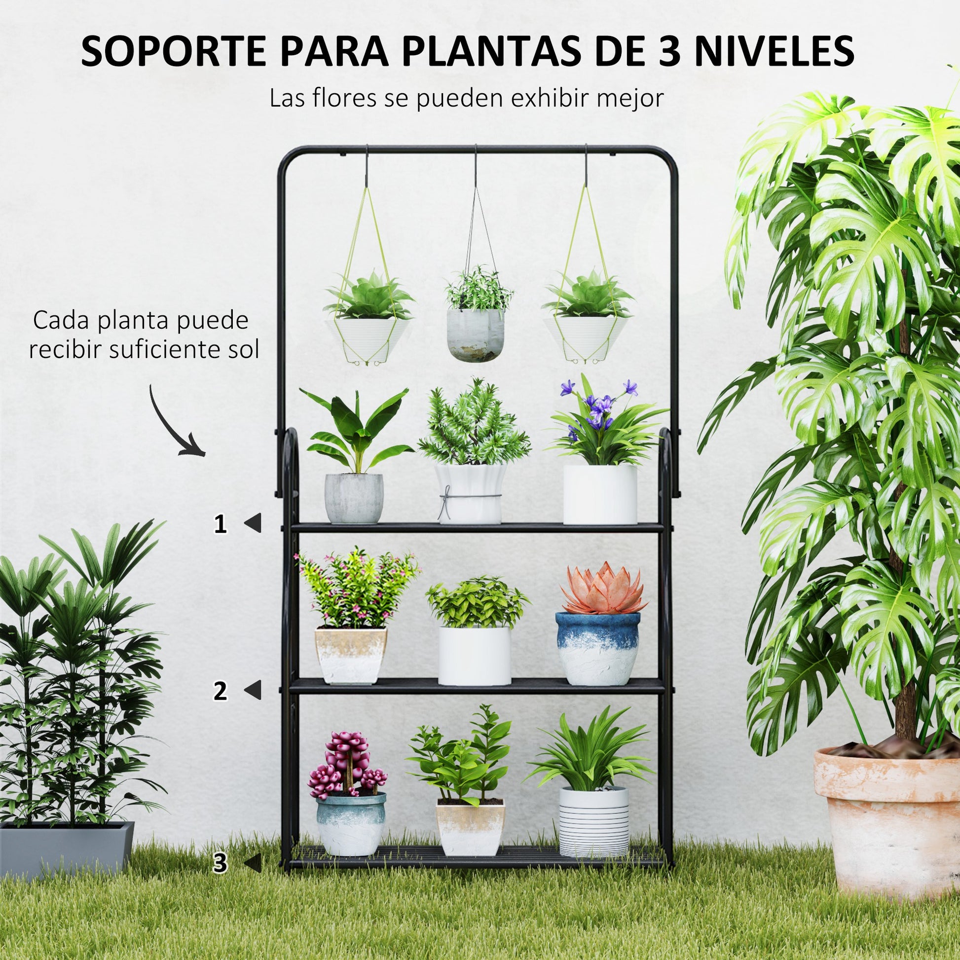 Outsunny Soporte Para Plantas De 3 Niveles Con Ganchos Barra Para Colgar Negro_3