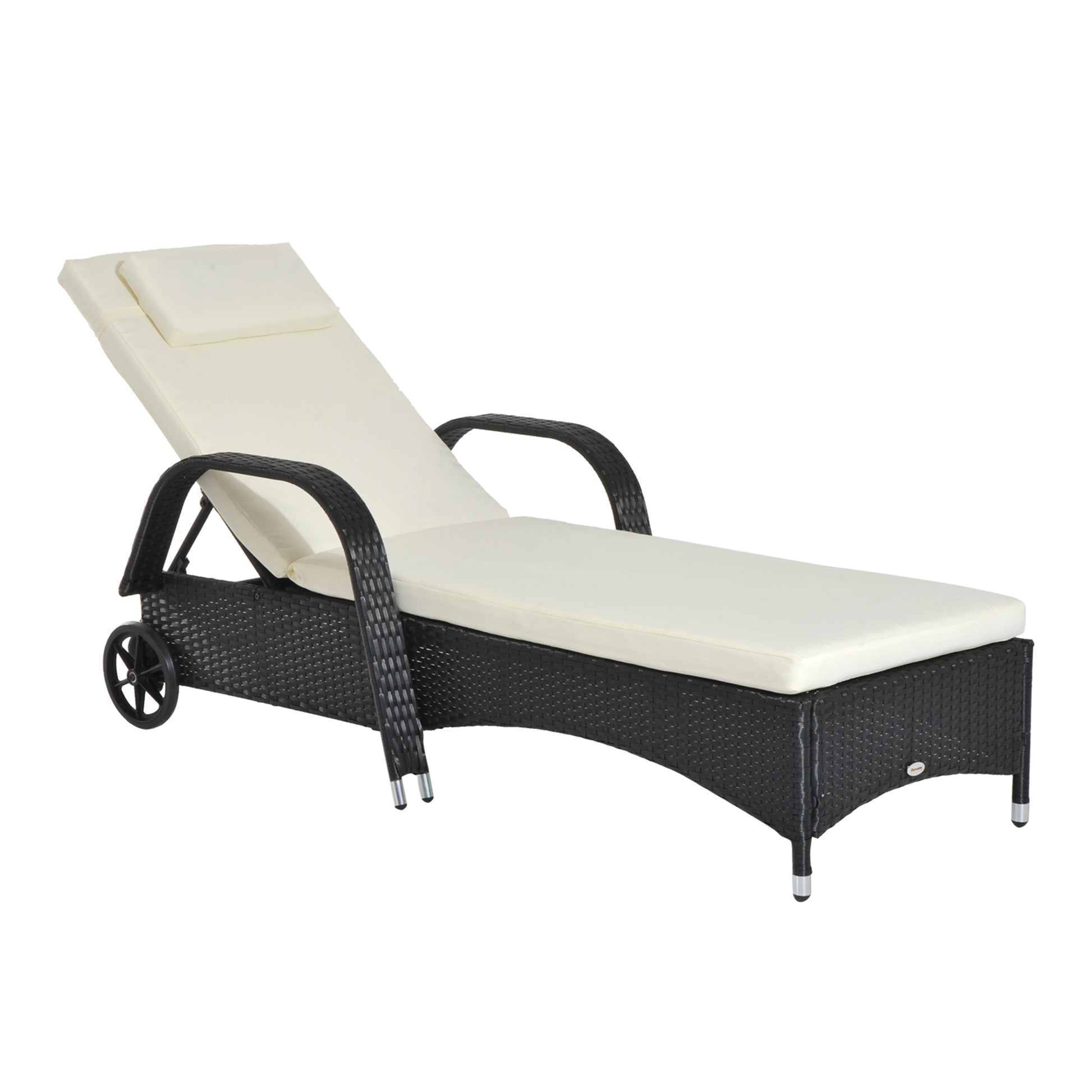 Outsunny Tumbona De Ratán Jardín Con Respaldo Ajustable Cojines 2 Ruedas Negro_0