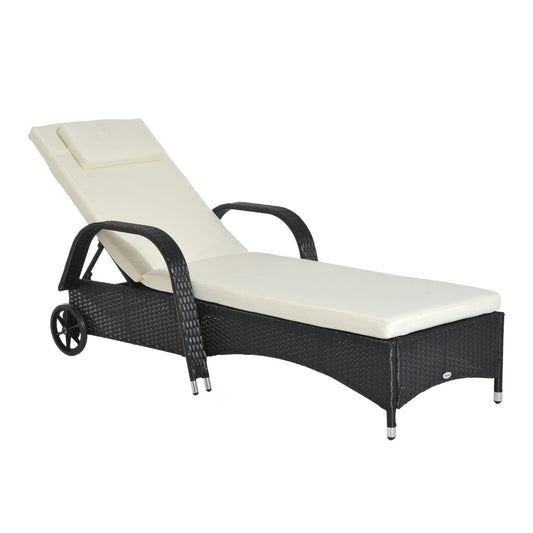 Outsunny Tumbona De Ratán Jardín Con Respaldo Ajustable Cojines 2 Ruedas Negro_0