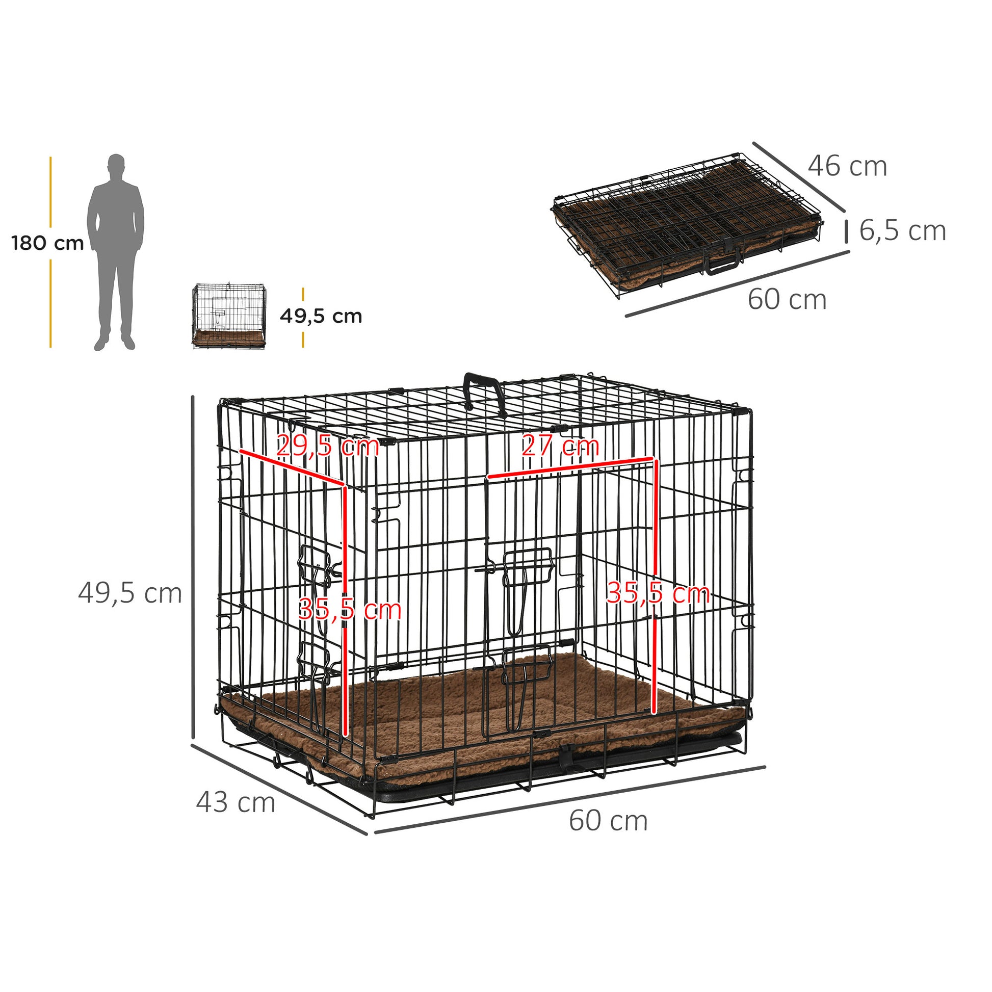 Pawhut Jaula De Metal Para Perros Plegable 60x43x49,5 Cm 2 Puertas Bandeja Cojín_2