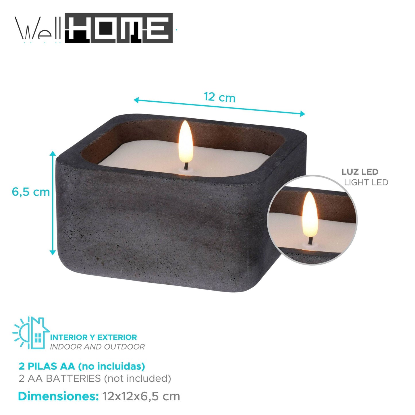 Well Home Vela Led Formato Cuadrado Color Negro 12x12x6,5cm