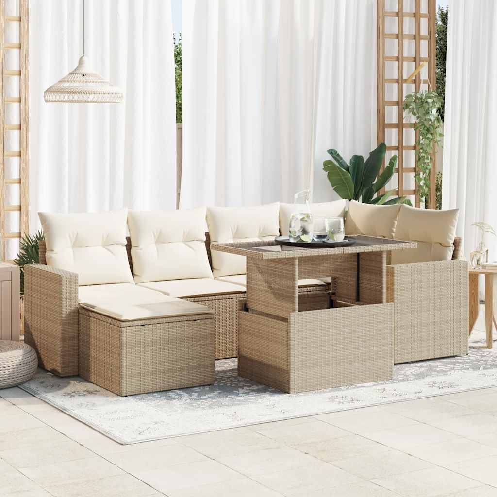 Set Sofás De Jardín 7 Piezas Y Cojines Ratán Sintético Beige / Vetonek_3