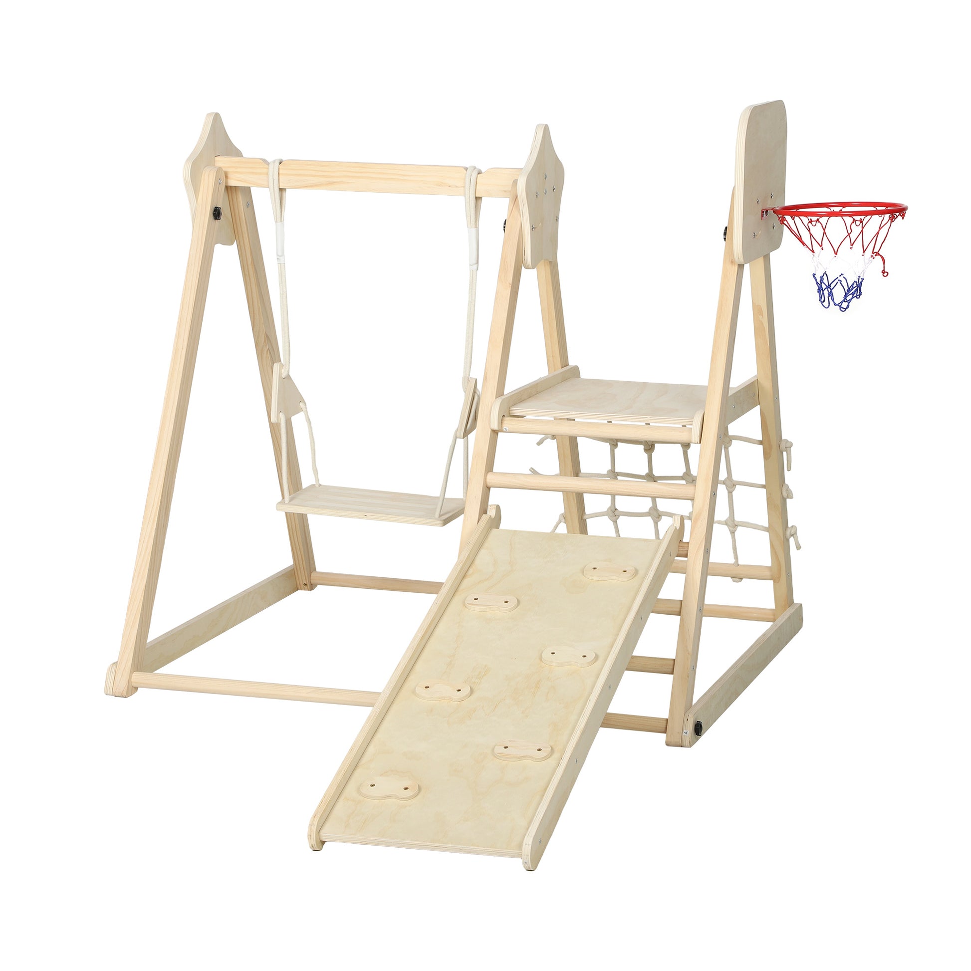 Aiyaplay Tobogán Infantil 5 En 1 Estructura De Escalada De Madera Natural_0