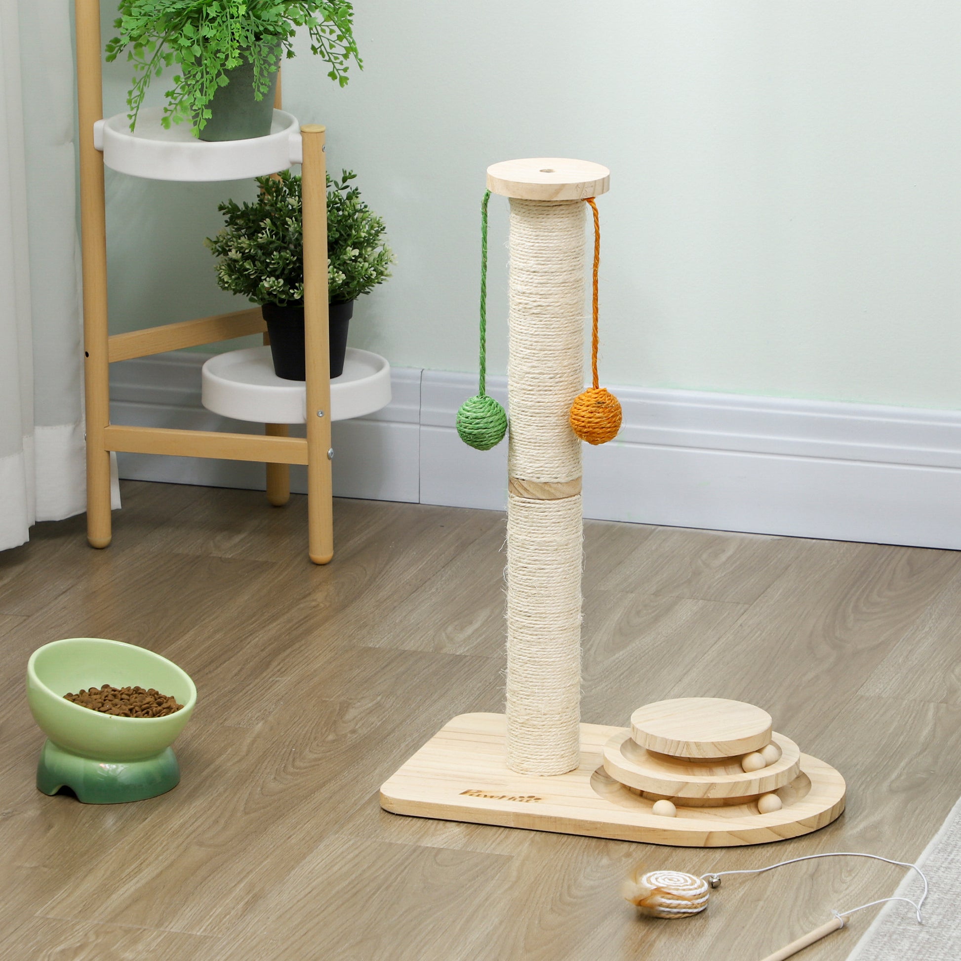 Pawhut Poste Rascador Para Gatos 56,5 Cm Con 3 Bolas Colgantes Madera Natural_1
