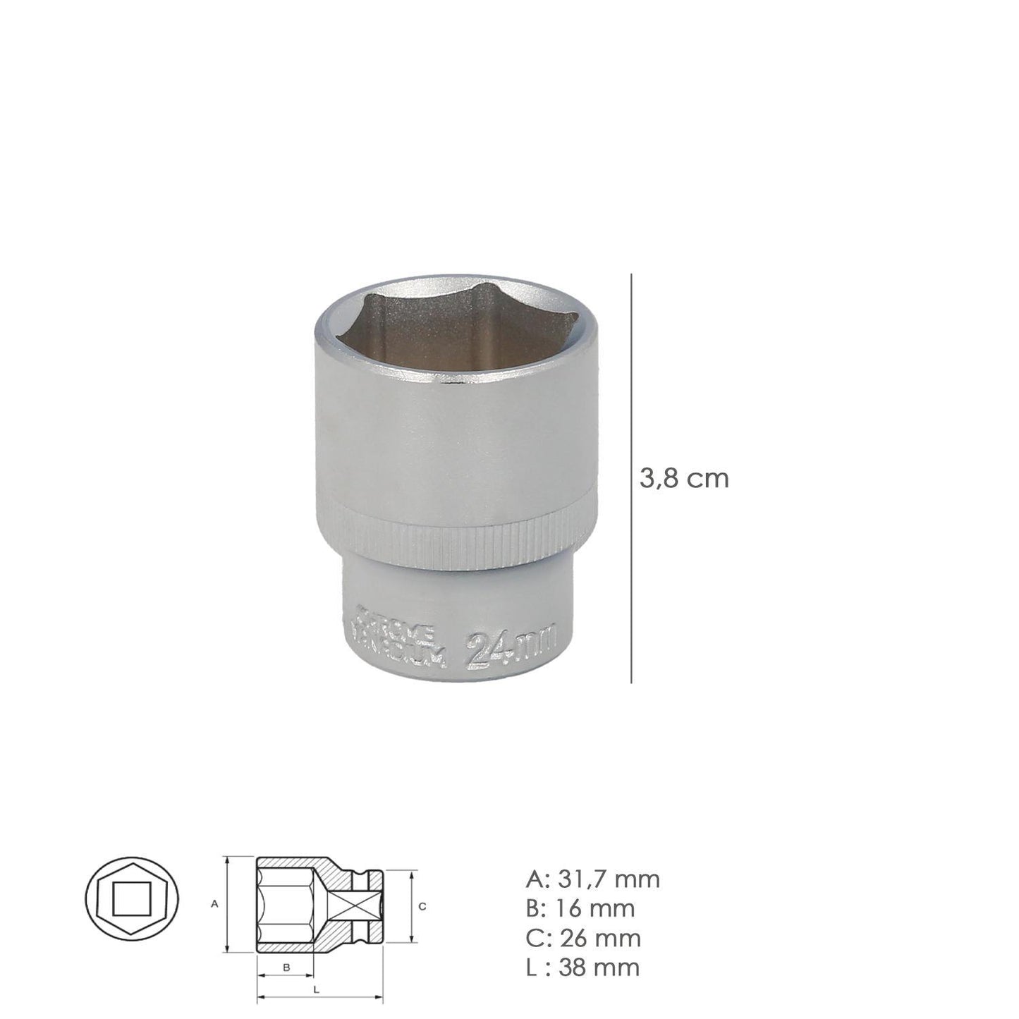 Llave Vaso 1/2 Hexagonal 24 Mm. Perfil De 6 Caras. Acero Cromo Vanadio, Aristas Redondas